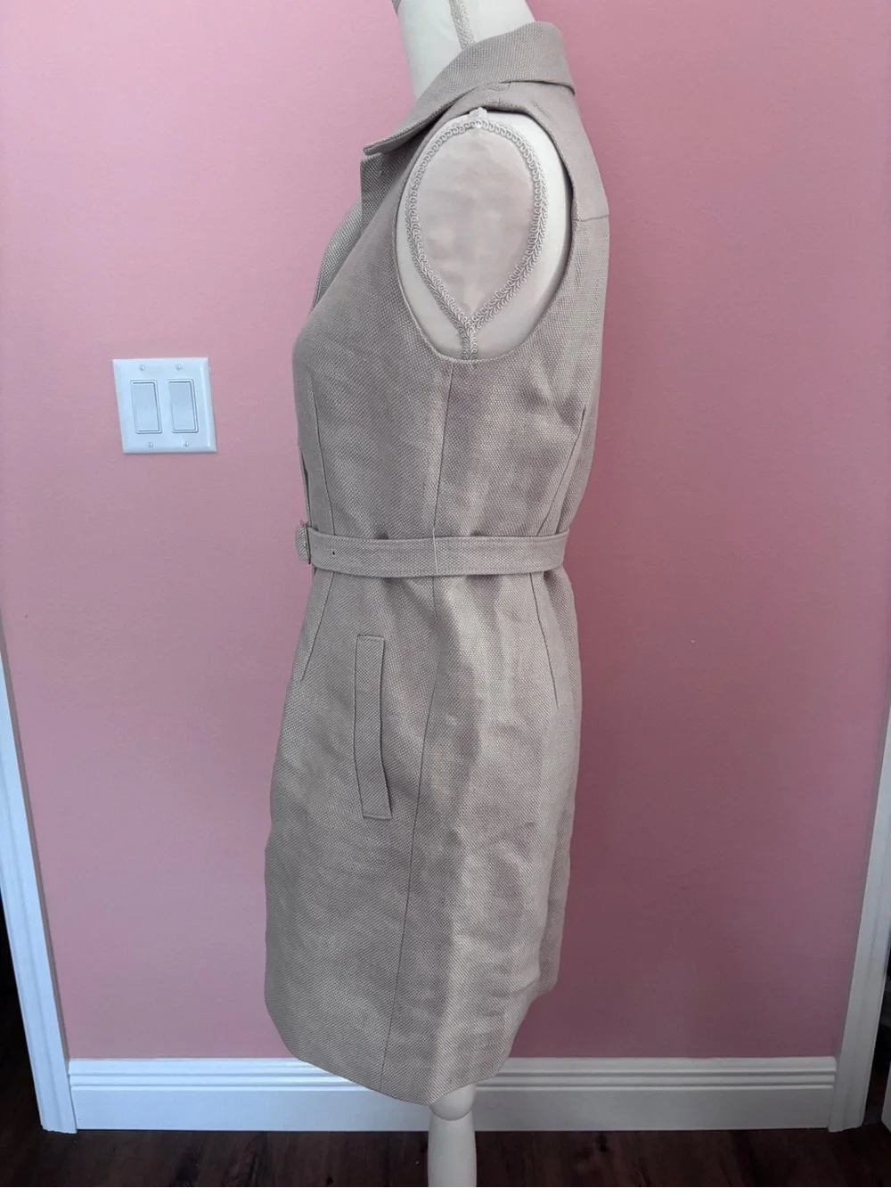 Theory Linen Blend Military Sleeveless Belted Mini Dress in Taupe - Picture 4 of 7